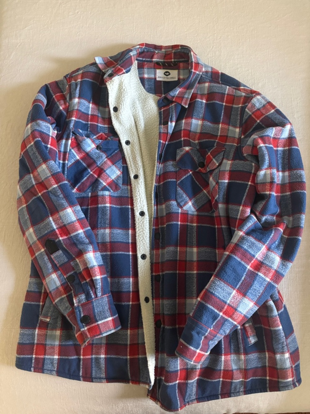Fayettechill Men’s Blue and Red Plaid Sherpa Lined Button Down Jacket